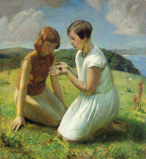 Harold Herbert Two young girls with a butterfly oil painting image